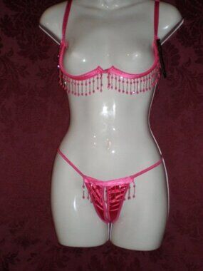 NWT Escante 39044 Pink Open Cup Shelf Bra and Open Thong Beaded Size Small